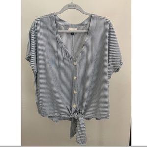 Navy Striped Short-Sleeve Top with Knot Tie